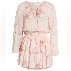 LoveShackfancy Women’s Pastel Pink Silk Floral Popover Mini Dress in Duchess